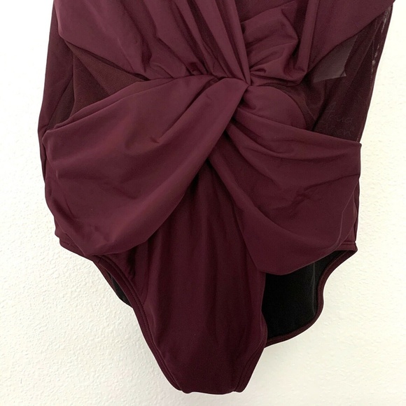 Aqua Green Burgundy Mesh Inset One Piece Swimsuit - Picture 4 of 8